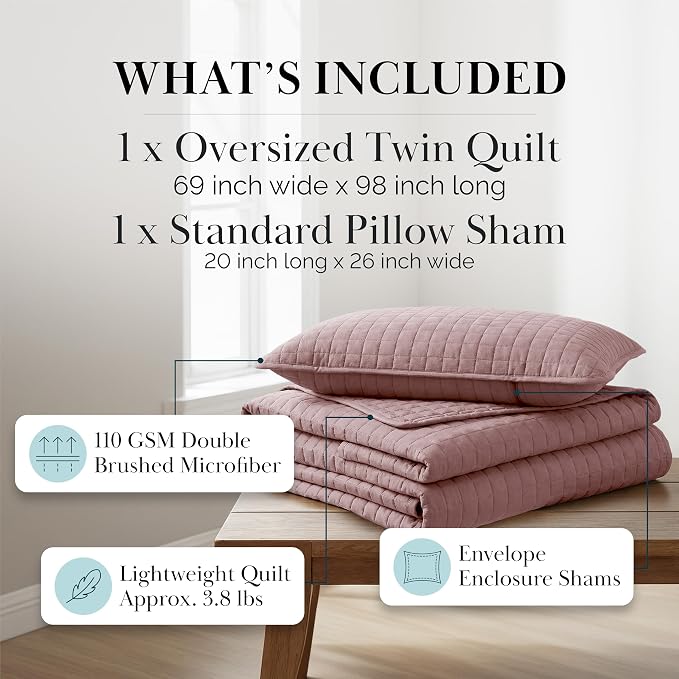 Southshore Fine Living, Inc. Twin Quilt Bedding Set, Soft Brushed Microfiber Quilt, Twin Coverlet Bedspread, Wrinkle & Pet Hair Resistant Bedding, Easy Care, with 1 Pillow Sham, Lavender