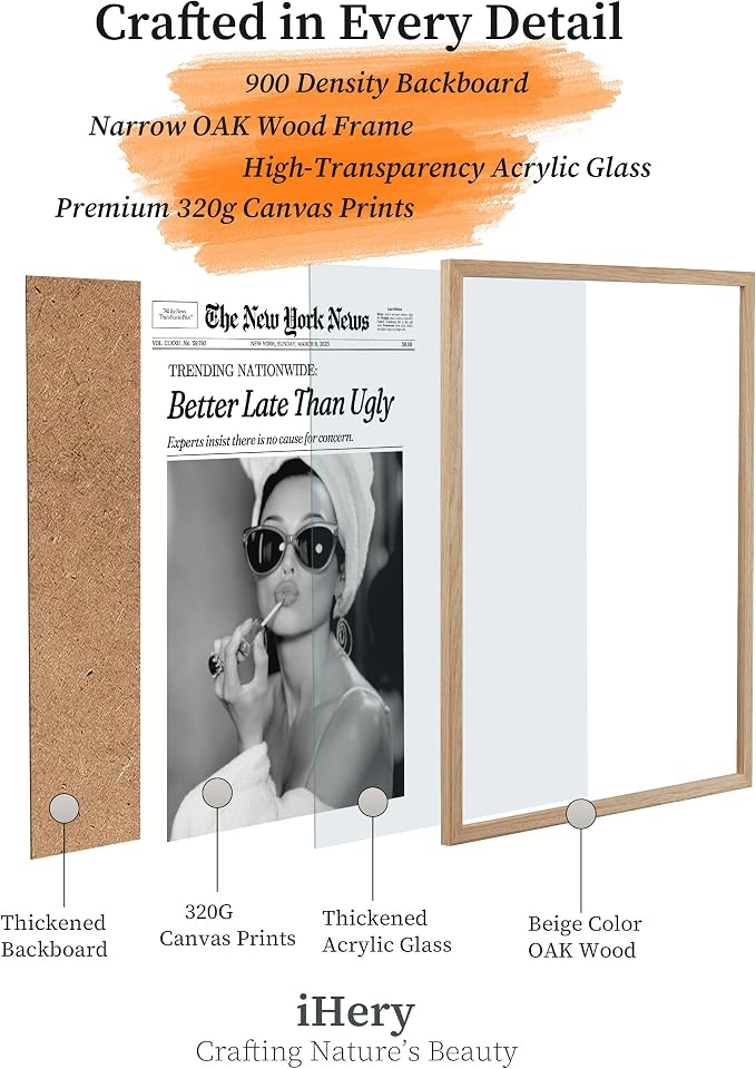 iHery 12x16in Audrey Hepburn Better Late Than Ugly Framed Bathroom Art | Natural OAK Wood Frame with Canvas Print, Vintage Fashion Wall Decor for Bathroom, Bedroom, Apartment and Girl Dorm, 1Pack