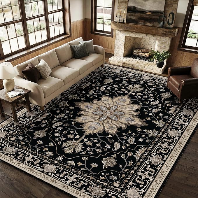 RELEANY Washable Area Rug, Large 9'x12', Black/Neutral | Non-Slip, Water Repellent, Pet Friendly, Easy to Clean, Vintage Floral Boho Decor for Living Room Bedroom Dining Room