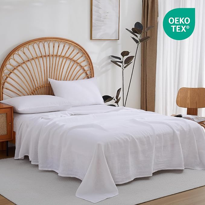 100% Linen Sheets Set King Size, Natural Pure Flax 4 Piece Bed Sets, 16" Deep Pocket, Breathable Cooling Bed Soft Durable Bedding, Machine Washable (White, King)