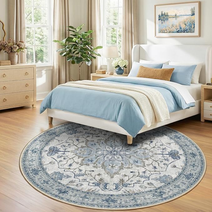 RELEANY Washable Area Rug, Round 8ft, Blue/White/Gray | Non-Slip, Water Repellent, Pet Friendly, Easy to Clean, Vintage Floral Boho Decor for Living Room Bedroom Dining Room