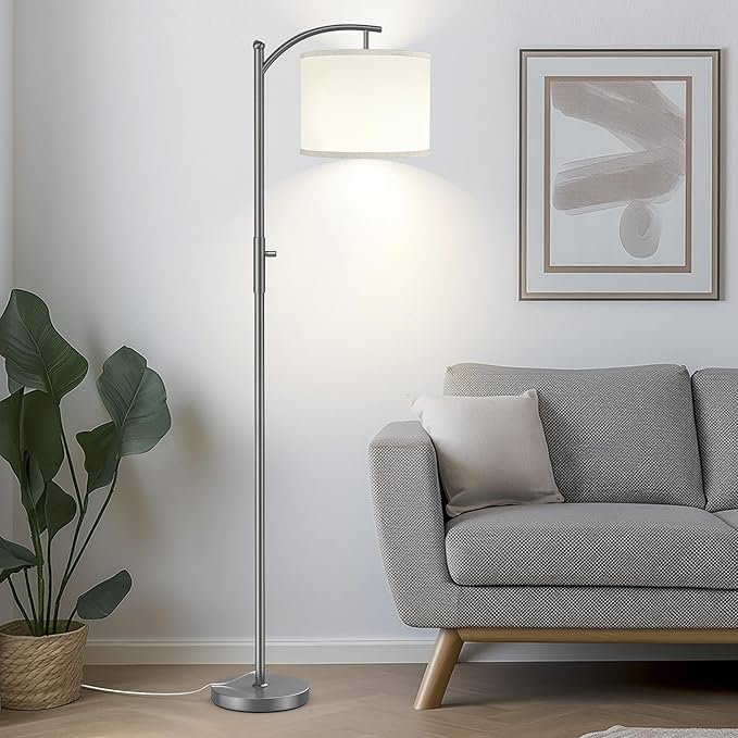 ROTTOGOON Dimmable Floor Lamp, Arc Floor Lamps for Living Room, Stepless Dimming Modern Standing Lamp with Linen Shade, Tall Lamp for Bedroom Office Dining Room- Grey
