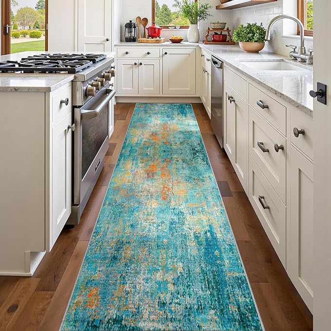 RELEANY Washable Runner 2'x8' Abstract Area Rug for Hallway Teal Multi | Carpet for Kitchen, Entryway, Bathroom, Living Room, Bedroom, Printed Pattern, Non‑Slip, Soft, Stain‑Resistant, Easy to Clean