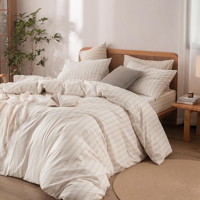 BESTOUCH Striped Cotton Duvet Cover Set Linen Feel Super Queen | 100% Washed Cotton, Soft Wrinkle Texture, Hidden Zipper, 8 Ties, Breathable Lightweight Durable Comfy, 3 Pcs No Insert