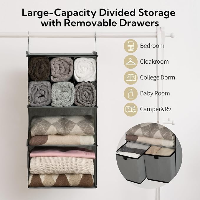 GRANNY SAYS 4-Shelf Hanging Closet Organizer with Drawer, Foldable Storage | Dividers Closet Hanging Organizer, No-Sag Support, Keeps Clothes Neat, Folds Flat, Fits RV, Dorm & Small Closets, Grey
