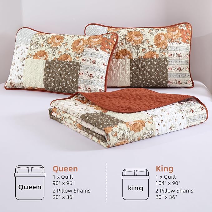 Floral Patchwork Quilt Set King Size, Terracotta Fall Bedspread Coverlet | Autumn Farmhouse Plaid Bedding Set 3 Pcs, Soft Lightweight Bed Cover for All Season, 110''x90''