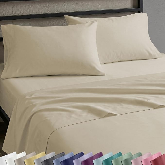 Soft Natural 100% Cotton Sateen King Size Sheets Set - Beige (Warm Taupe) | Backed by Good Housekeeping Seal, Light & Breathable For Hot Sleepers, 14" Deep Pocket, Durable, 4 Pc Set