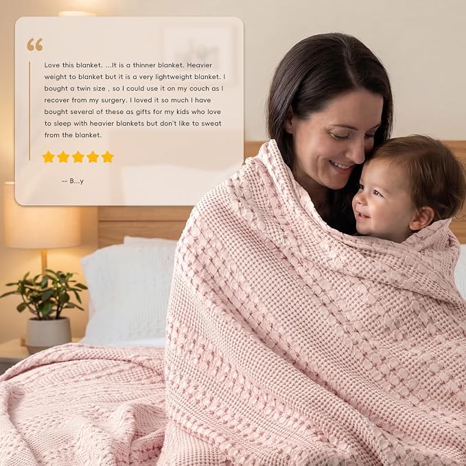 PHF Lightweight 100% Cotton Waffle Blanket for Bed, Queen, Pink | Pre-Washed Soft Cotton Comfort, Breathable Layering Warmth for Fall & Winter, Bed, Sofa, Couch, Home Decor & Gifts