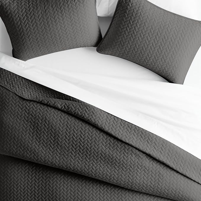 Merit Linens Classic Quilt Coverlet Soft Set in Herringbone Stitching - Full/Queen Gray