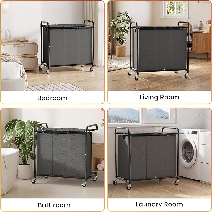180L Laundry Sorter 3 Section, Rolling Laundry Basket with Wheels and Lid | 47.55 Gal Laundry Hamper, 3 Separated Removable Bags, Lockable Wheels, Dirty Clothes Hamper for Laundry Room Organizer, Grey