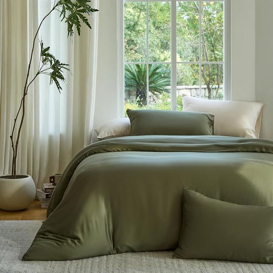 DOZ Duvet Cover Set, 100% Viscose derived from Bamboo, Organically Grown, Buttery Soft, Cooling Duvet Covers, High GSM, 1 Duvet Cover and 2 Pillowcases, 90"x90" (Olive, Full/Queen)