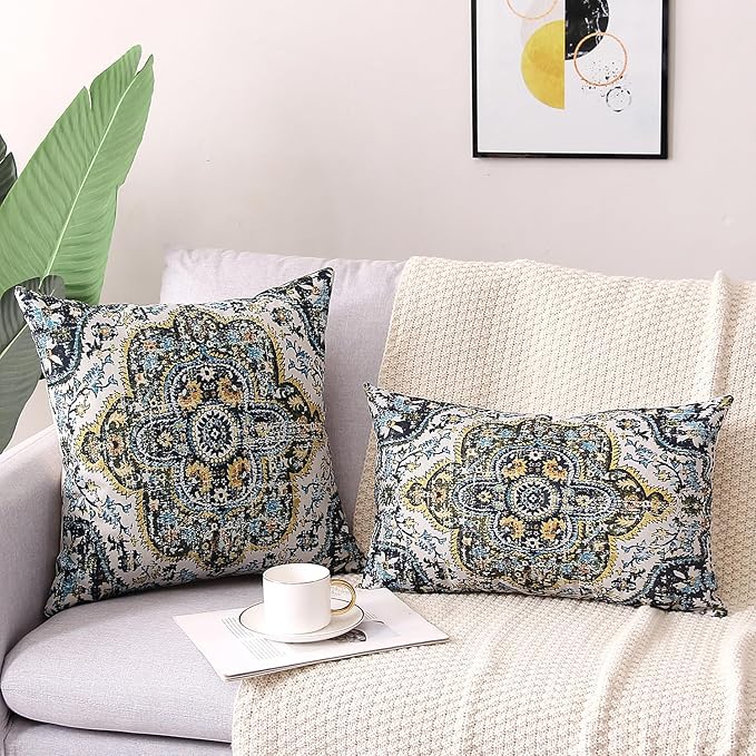 Outdoor Waterproof Pillow Covers - 18 x 18 Inch Set of 2 Bohemian Vintage Carpet Pattern Pillow Covers in Green and Blue Ethnic Design for Decorative Farmhouse, Couch, Garden, Balcony