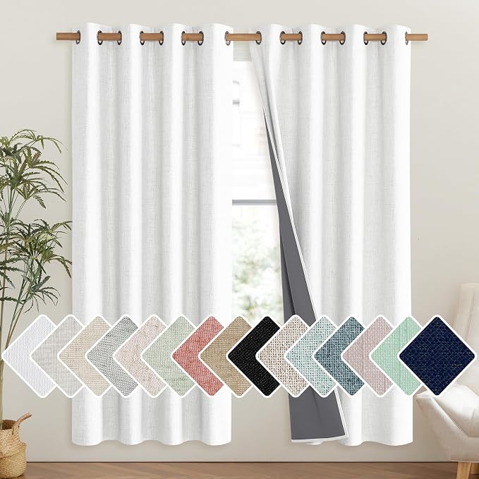 NICETOWN 100% Absolutely Blackout Linen Curtains with Thermal Insulated Liner, Greyish White, 52" Wide, 72" Length Energy Saving Curtains for Living Room 2 Panels Set, Vertical Blinds