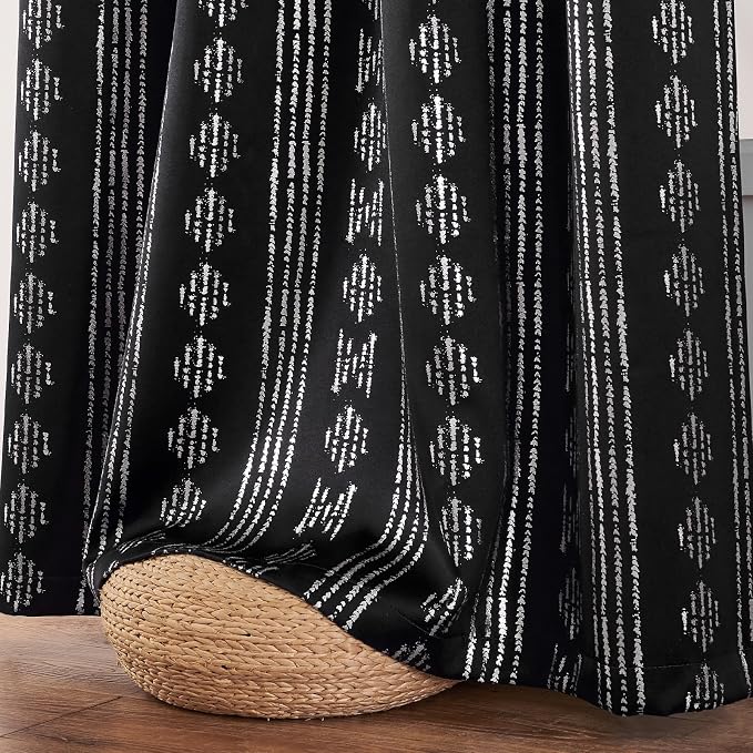 jinchan Boho Blackout Curtains 84 Inches Long for Bedroom Living Room | Silver on Black Geometric Grommet Curtains Room Darkening Thermal Insulated Window Treatments 2 Panels