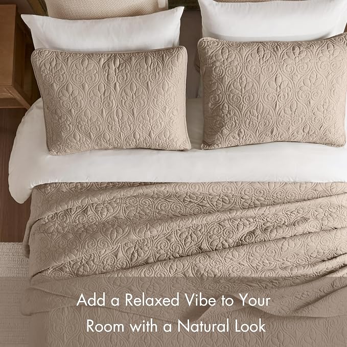 Madison Park Queen Quilt Bedding Set, Cottage-Inspired Damask, 3PC | All Season Quilted Coverlet, Classic Stitch Pattern Bedspread & Shams, Ultra Soft Microfiber Bedspread Set, Khaki