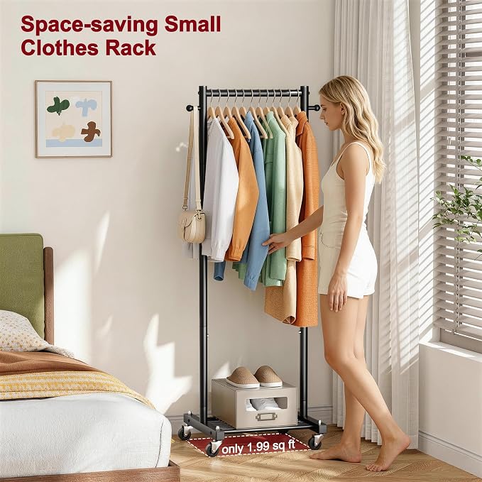 SLEEPING LAMB Small Clothes Racks for Hanging Clothes, Rolling Clothing Rack with Shelves, 60" Metal Garment Rack with Wheels Portable Wardrobe Rack for Small Space, Black