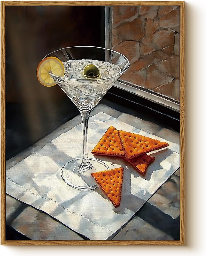 Martini Cocktail Framed Wall Art 12x16 Realistic Canvas Print, Drink Glass with Olive Lemon Crackers Still Life Painting, Modern Kitchen Café Lounge Dining Room Aesthetic Artwork Food Decor