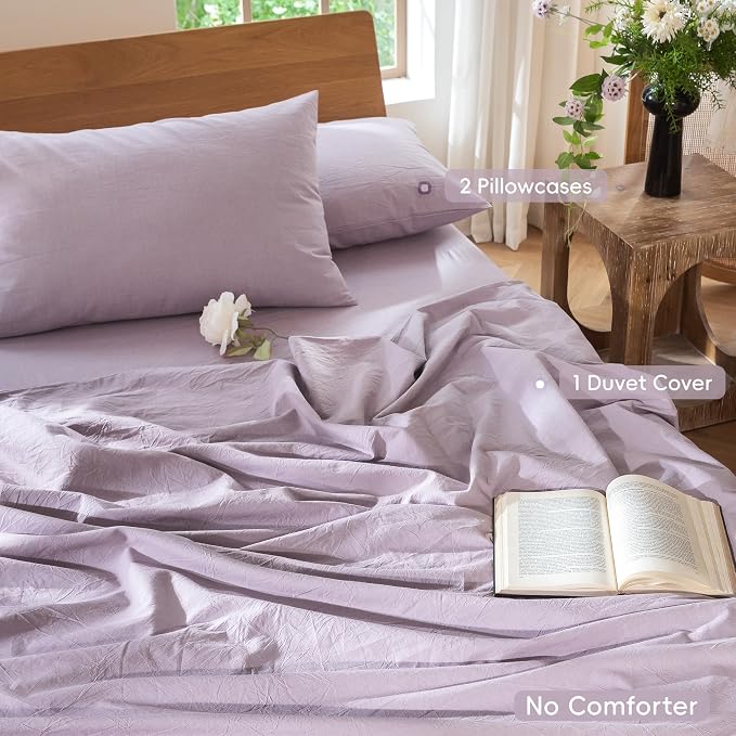 MooMee Duvet Cover Set 100% Washed Cotton Linen Like Queen | Relaxed Linen-like Texture. Soft, Breathable & Long-lasting Comfort. Lightweight. Hidden Zipper with 8 Interior Corner Ties