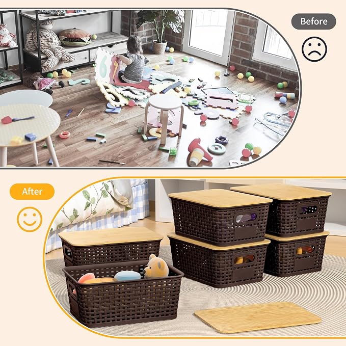 6 Pack Plastic Storage Baskets,Brown bamboo lid storage Box | Labels, Stackable, For Organizing Shelves Pantry Drawers Desktop Closets Organizing Desktop Closet Playroom Classroom