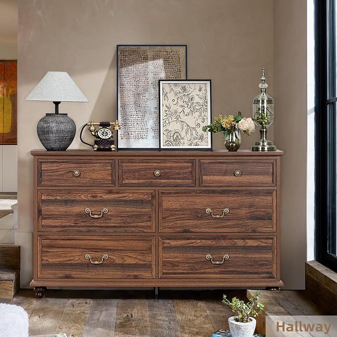 Joaxswe Farmhouse 54" 7 Drawers Dresser for Bedroom, Vintage Wood Chest of Drawers w/ 4 Wooden Legs, Wide Closet Storage Dressers Organizer for Hallway, Rustic Large TV Stand for Living Room, Brown