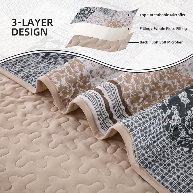 Mybedsoul Boho Quilt King Size, Patchwork Bedding Set, Blue Brown | Soft Lightweight Microfiber Floral Coverlet Set, 3 Pieces Plaid Bedspread, Bed Sets for All Seasons 90"x110"