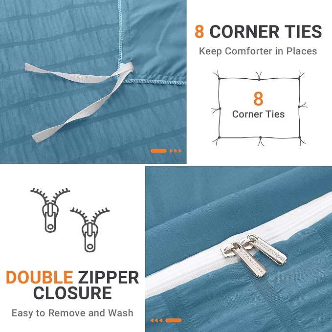 HYMOKEGE Mineral Blue Duvet Cover Full Size, Ultra Soft 3-Piece Seersucker Duvet Cover Set with Zipper Closure, Soft Brushed Microfiber Bedding Set with 8 Corner Ties (80"x90", 2 Pillowshams)