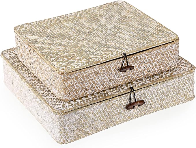 Hipiwe Set of 2 Flat Woven Wicker Basket Bins with Lid Natural Seagrass Box | Decorative Storage Basket Multipurpose Home Organizer Bins Boxes for Shelf Organizer (Whitewash)
