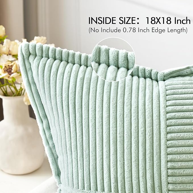 MIULEE Decorative Throw Pillow Covers for Couch 18x18 Inch Mint Green | 2 Pack, Boho Broadside Striped Patchwork Pillow Covers, Soft Corduroy Cushion Cases, For Sofa Bed Livingroom Home Decor