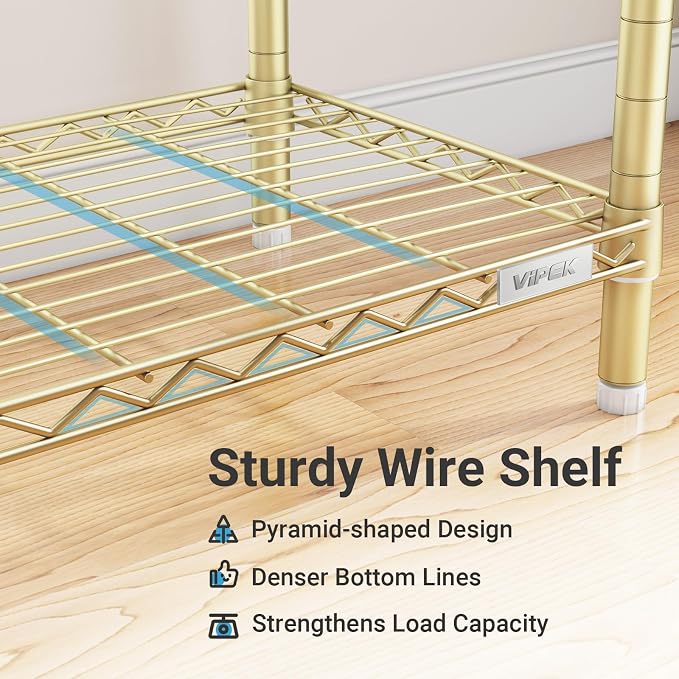 VIPEK V7 Garment Rack with Shelves Portable Closet for Hanging Clothes | 5 Tiers Adjustable Wire Shelving, Double Hanging Rods, 670lbs Metal Closet System, Space-Saving Storage for Apartment,Gold