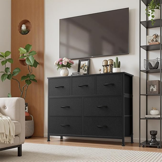 Sweetcrispy 7 Drawer Fabric Dresser for Bedroom Storage with Bins, Black | Anti-Tip Closet Organizer with Wooden Top and Sturdy Steel Frame, Spacious Drawers for Clothes Storage, Hallway Entryway