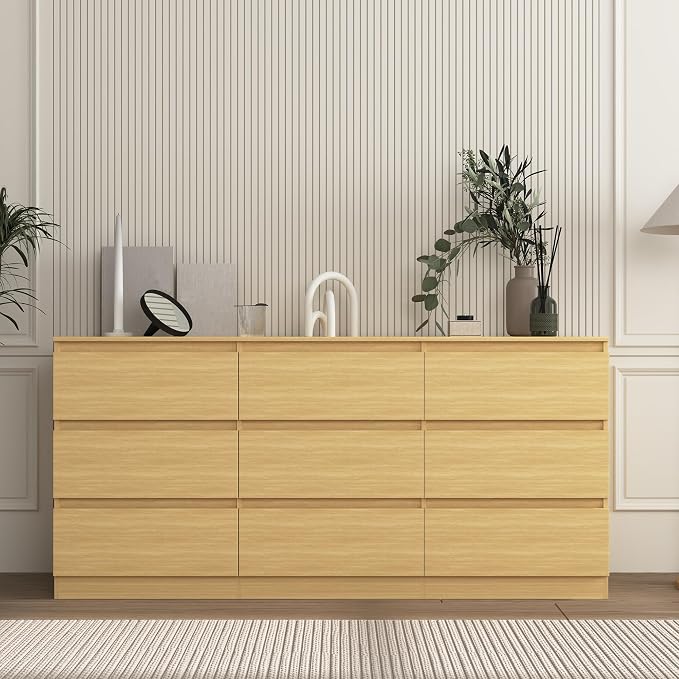 Vibe & Dine 9 Drawer Dresser, Modern Long Dresser for Bedroom, Wood Chest of Drawers with Wide Storage for Living Room, Natural Wood
