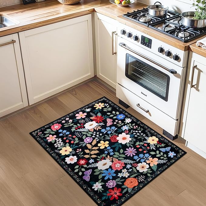 PLHXFR 2x3 Small Entryway Rug: Floral Washable Indoor Soft Carpet Black | For Entrance, Bedroom, Kitchen, Laundry, Bathroom,Door Mat,Vintage Floral,Machine washable,Non-Slip,Stain Resistant,Indoor