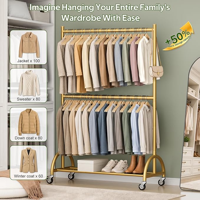 MISSLO Heavy Duty Clothing Racks for Hanging Clothes Double Rod Rolling Gold Clothes Rack with Wheels for Coats, Garment Closet Storage, Gold