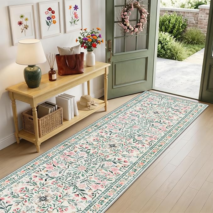 PLHXFR 2.6x14 Washable Runner Rug：Floral Indoor Kitchen Carpet Green Beige | For Hallway Bedroom Kitchen Laundry Bathroom Dorm,Vintage Floral,Machine washable,Non Slip,Stain Resistant,Indoor Floor