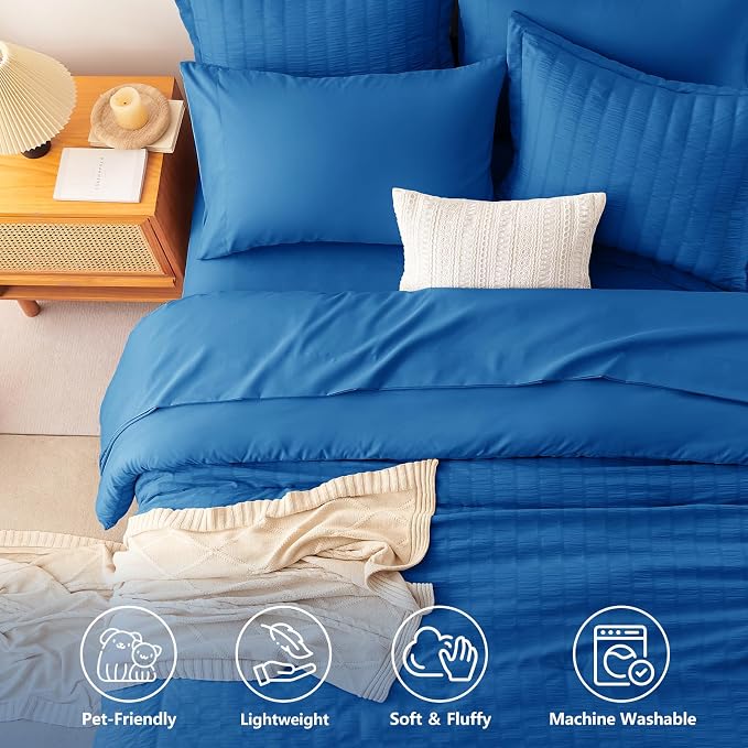 Full Comforter Sets, 7 Pieces Classic Blue Seersucker Bed in a Bag | OEKO-TEX Certified, All Season Bedding Set with 240 GSM Down Alternative Comforter, Flat & Fitted Sheets, Pillowcases & Shams