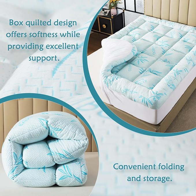 WhatsBedding 5 Inch Full Mattress Topper Breathable Bamboo Viscose Air Layer,Memory Foam Mattress Topper Full Size Blue.
