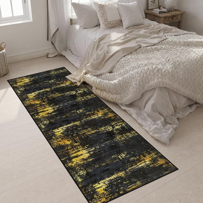 3x8 Washable Runner Rug：Modern Abstract Soft Carpet Black Gold | For Hallway, Bedroom, Kitchen, Laundry, Bathroom,Door Mat,Modern Abstract,Machine washable,Non-Slip,Stain Resistant,Indoor