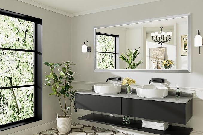 Bathroom Wall Mirror, Silver Brushed Nickel Metal Frame, 72x36 Inch | Anti-rust, HD tempered glass, for bathroom vanity, bedroom, living room, horizontal or vertical mount
