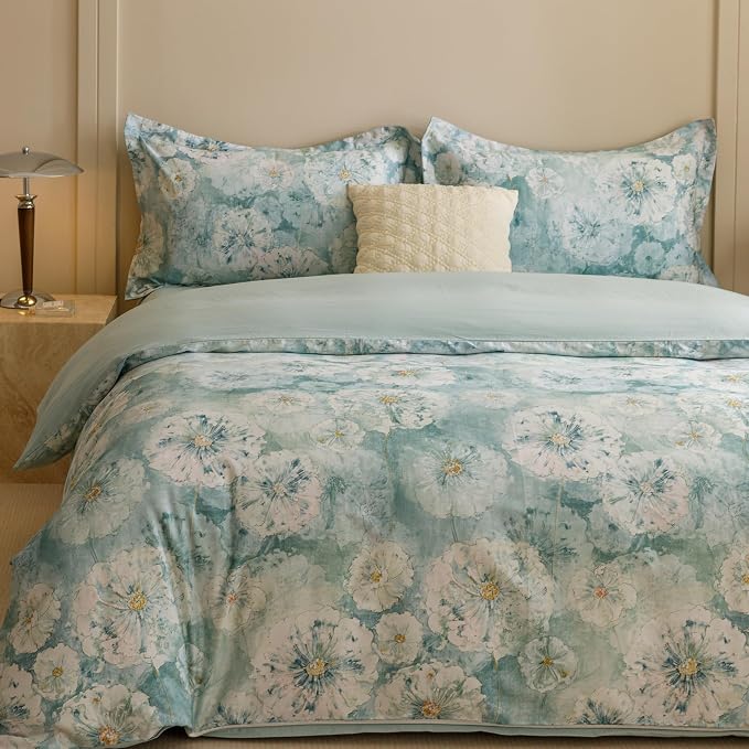 HeimenAogo Egyptian Cotton Duvet Cover Queen Size Sateen Weave, Silky Soft Duvet Cover with Zipper Closure, Long Staple Cotton Bed Linen Watercolor Floral 3 Pcs
