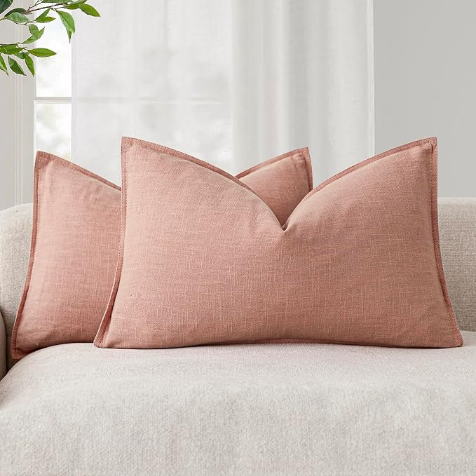 Foindtower Decorative Linen Lumbar Throw Pillow Covers 12x20 Coral Pink | Pack of 2 Boho Farmhouse Pillowcase,Accent Neutral Solid Cushion Covers,Morden Home Decor for Couch Sofa Bedroom Living Room