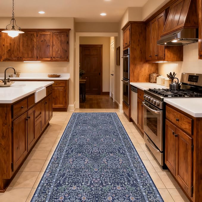 Washable 2'6" x 10' Runners for Hallways, Non Slip Long Floor Runner for Kitchen, Entryway Indoor, Stain Resistant Rubber Backing Floral Decor Rug (Blue)