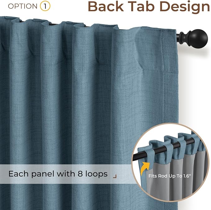 INOVADAY 100% Blackout Linen Curtains for Bedroom 50x84 Inches Slate Blue | Linen Textured, Light Blocking, Room Darkening, Thermal Insulated, Back Tab Top, Window Curtains for Living Room, 2 Panels