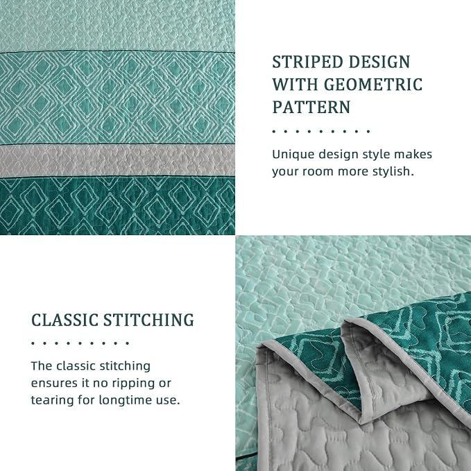 Cottolester Boho Quilt Set California King Size,Teal Blue Striped Bedspread | Soft Summer Lightweight Coverlets Set，Microfiber Patchwork Quilt Bedding Sets for All Seasons 110"x96"