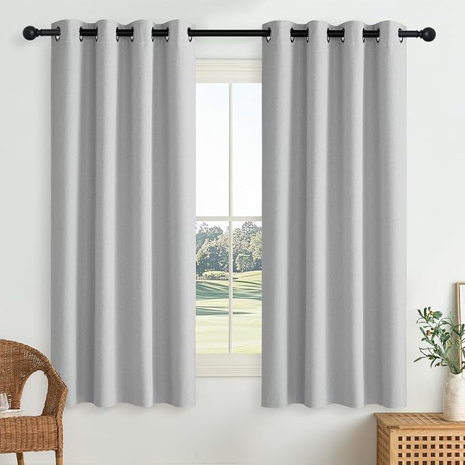 NICETOWN 100% Blackout Linen Curtains for Bedroom, Greyish White, 52" W x 63" L, Set of 2, Crisp Structured Faux Linen Privacy Shield, Keeping Out Cold Air Thermal Insulated Window Treatments