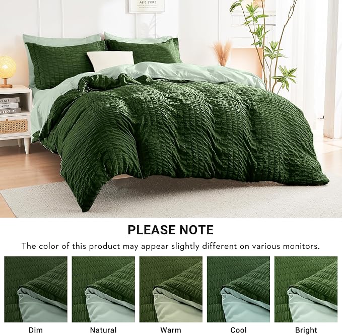 HYMOKEGE Dark Green/Sage Green Oversized Queen Comforter Set Seersucker 7 Pieces, All Season Luxury Bed in a Bag for Bedroom, Bedding Set with Comforter, Sheets, Pillowcases & Shams