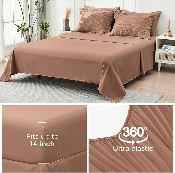 HYMOKEGE Mocha Mousse Full Size Comforter Sets Seersucker 7 Pieces, All Season Luxury Bed in a Bag for Bedroom, Bedding Set with Comforter, Sheets, Pillowcases & Shams