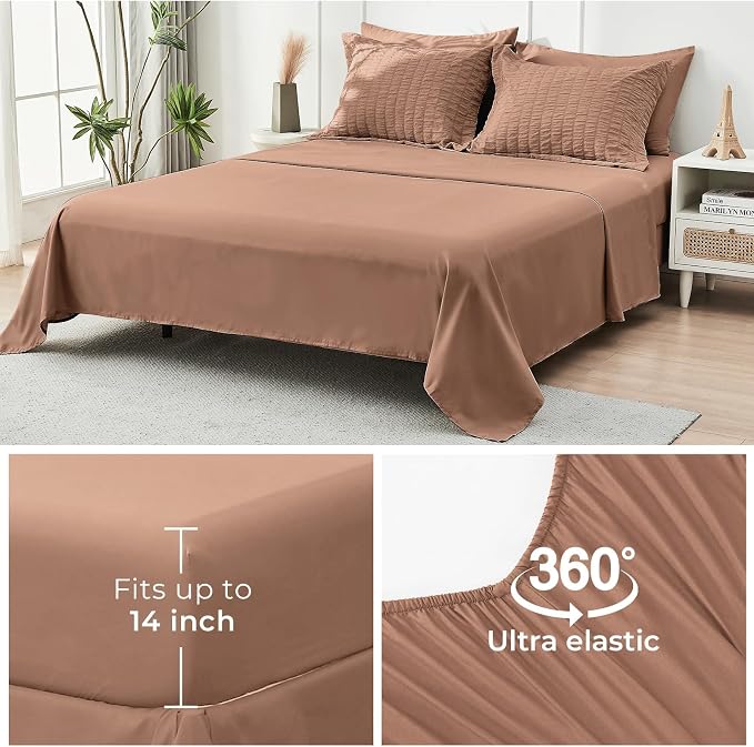 HYMOKEGE Mocha Mousse California King Comforter Set Seersucker 7 Pieces, All Season Luxury Bed in a Bag for Bedroom, Bedding Set with Comforter, Sheets, Pillowcases & Shams