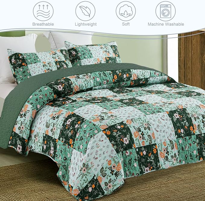 Exclusivo Mezcla Reversible Boho Quilts Full Size Green | Lightweight Soft Bedspreads, All Season Patchwork Coverlet Bedding Set, Printed Floral Pattern, 1 Quilt and 2 Pillow Shams