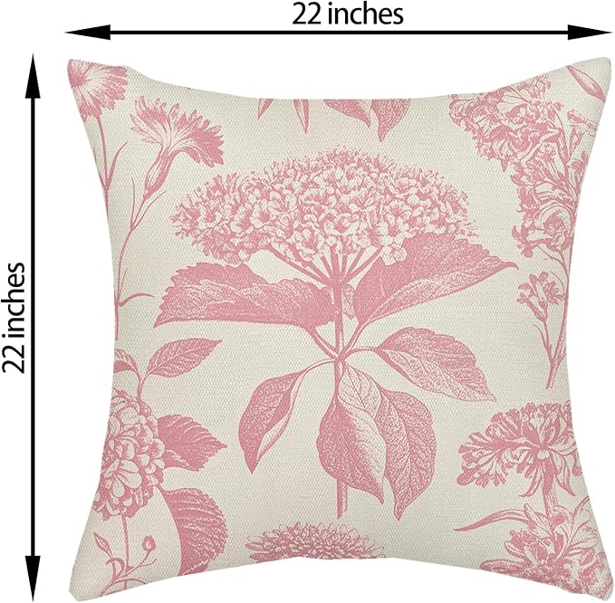 Pink Pillow Covers 22x22 Inch 2 Pcs Boho Vintage Floral Decor Throw Pillows Hydrangea Flower Seasonal Outdoor Farmhouse Neutral Accent Decoration Pillowcase Linen Cushion Cover for Sofa