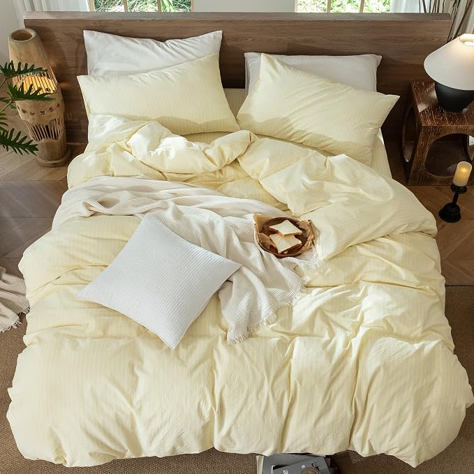MooMee Striped Duvet Cover Set 100% Washed Cotton Linen Like King | Relaxed Linen-like Texture. Soft, Breathable & Long-lasting Comfort. Lightweight. Hidden Zipper with 8 Interior Corner Ties